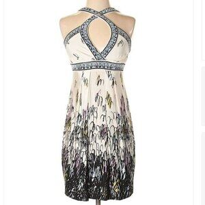 BCBGMAXAZRIA Halter Sun Dress Cream Blue Floral Surplice Neck XS